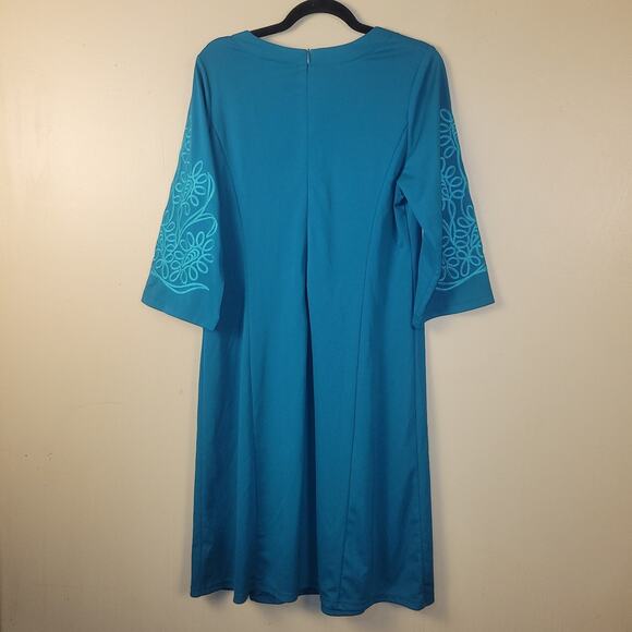 Bob Mackie Floral Embroidered Art To Wear Shift Dress Teal Blue Stretch Size L - Picture 6 of 8